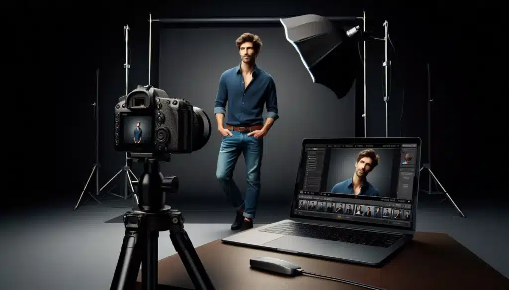 A studio photoshoot setup with a male model standing against a dark backdrop, captured by a tethered camera connected to a laptop for immediate image review and adjustments.