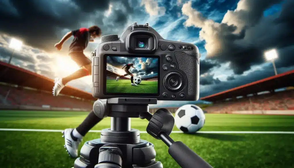 Camera on a tripod capturing a soccer player in action on a football field, symbolizing the culmination of mastering shutter speed, ISO, and aperture to achieve the perfect shot.