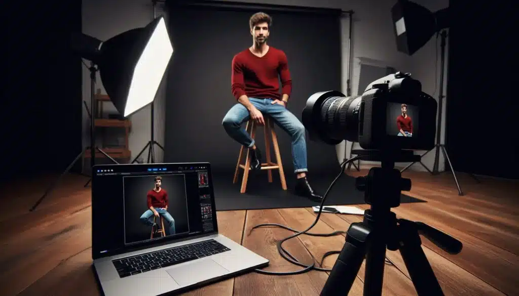 A studio setup showing a DSLR camera linked to a laptop displaying a portrait of a female model, highlighting the benefits during a photoshoot.