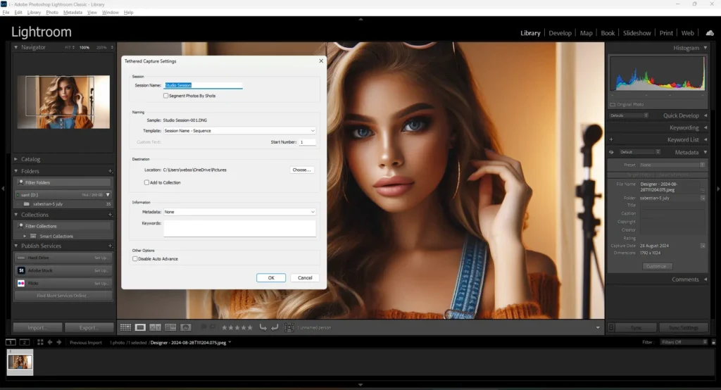 The interface showing the Tethered Capture Settings window with a portrait of a woman displayed in the background, preparing for a tethered photoshoot session.