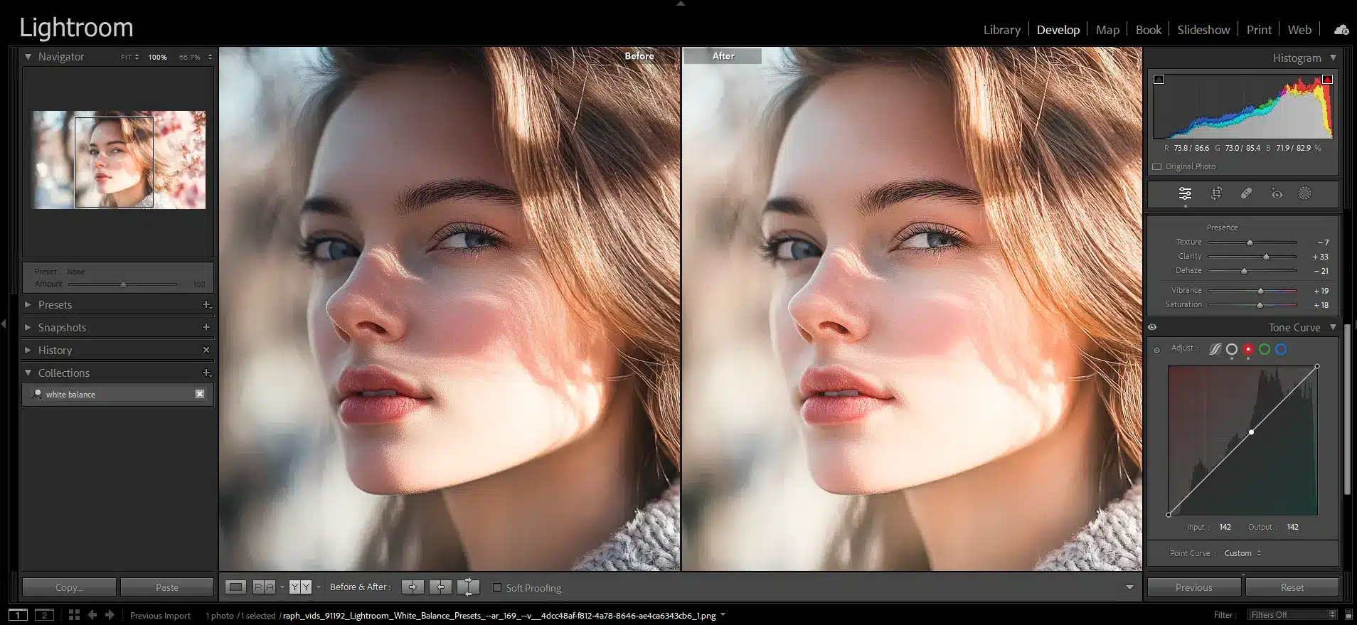 Lightroom Classic interface showing a portrait with a split-screen comparison, highlighting the use of Temperature and Tint Sliders for white balance adjustment.