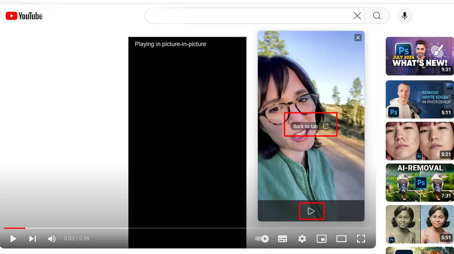 YouTube video in Picture-in-Picture mode with 'Back to tab' option highlighted