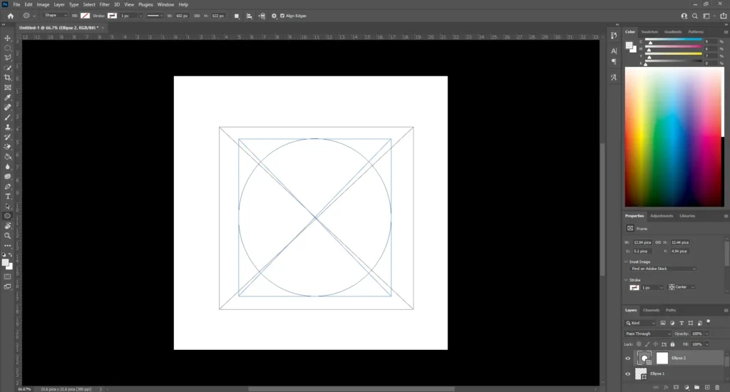 Adobe Photoshop interface showing the process of converting an ellipse shape into a frame, with the right-click context menu open and the 'Convert to Frame' option highlighted.