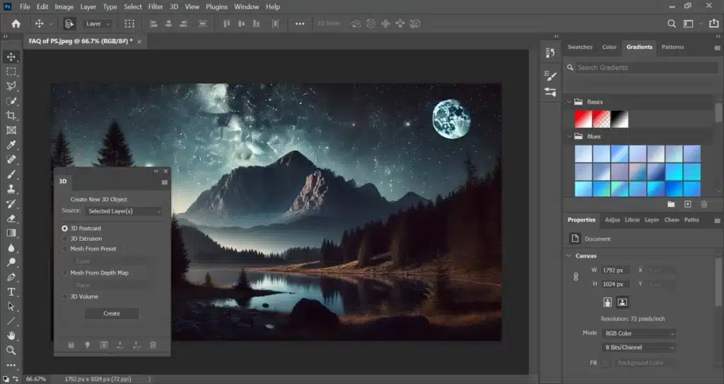 Adobe photo editing software interface showing a mountain night view being edited, demonstrating 3D effects for Adobe Photoshop tutorials.