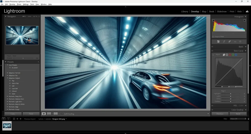 Lightroom interface showing a car speeding through a tunnel, creating motion blur effects with slow shutter speed, illustrating the technique of bringing motion to photos.