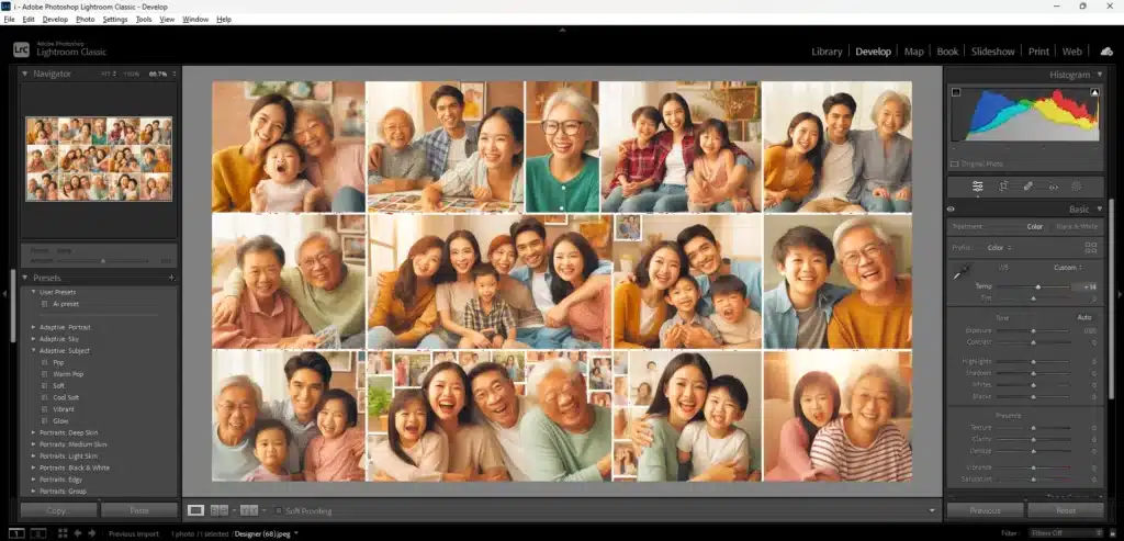 Lightroom Classic interface showing a lightroom collage template with family photos arranged in a grid.