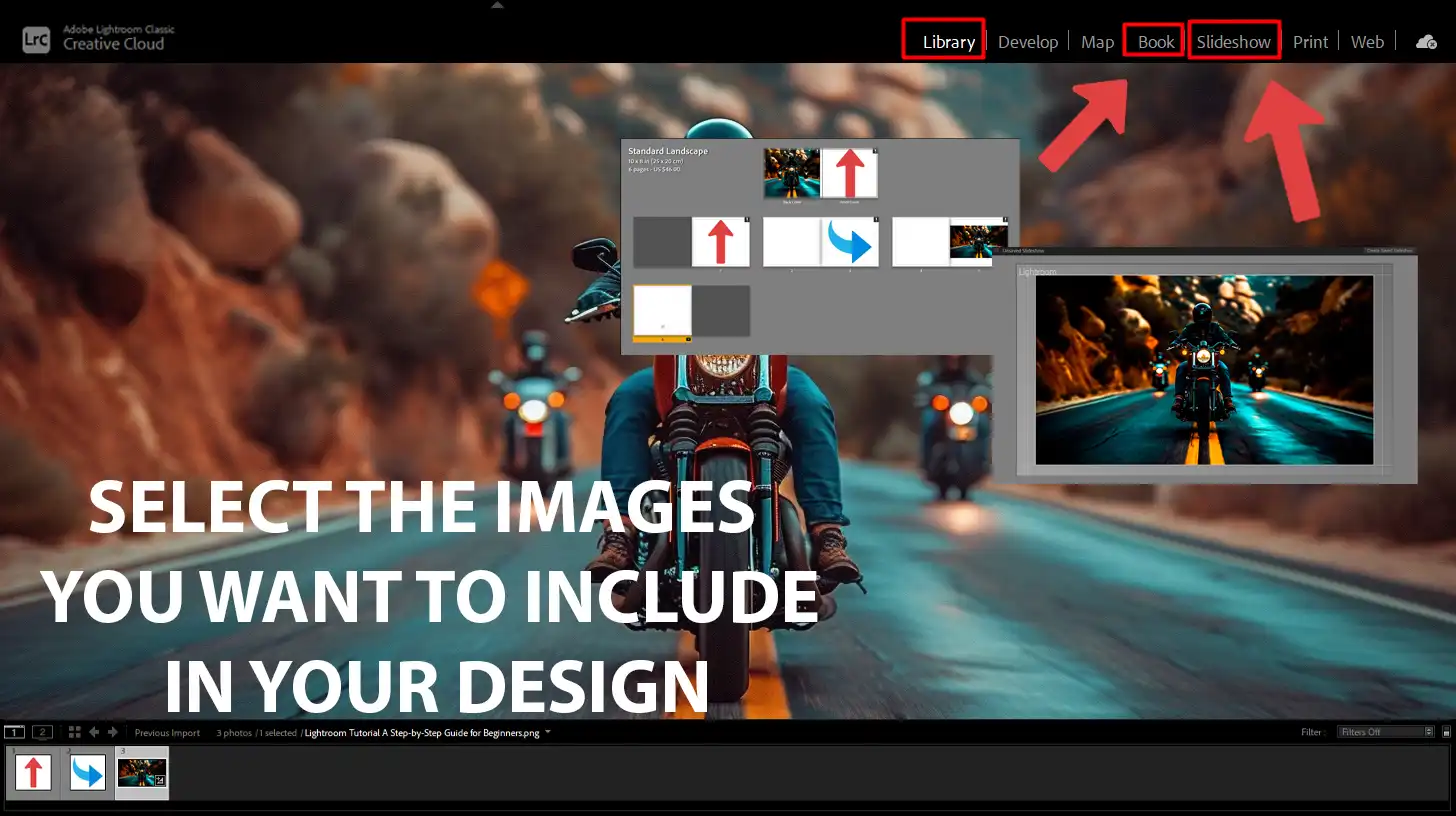 Lightroom interface with Slideshow and Book modules highlighted for creating slideshows and photo books