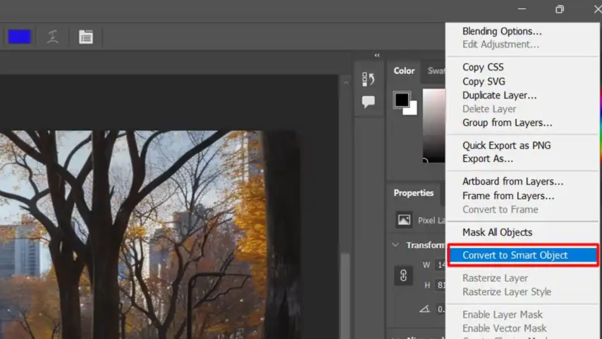 Screenshot showing how to convert a layer to a smart object in Photoshop