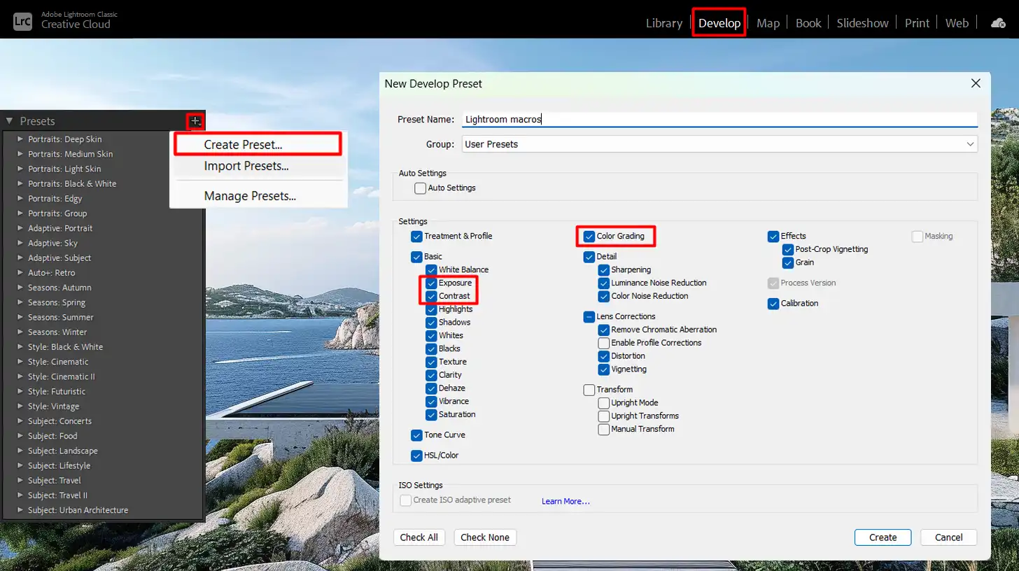 LR interface showing how to create a custom large-scale