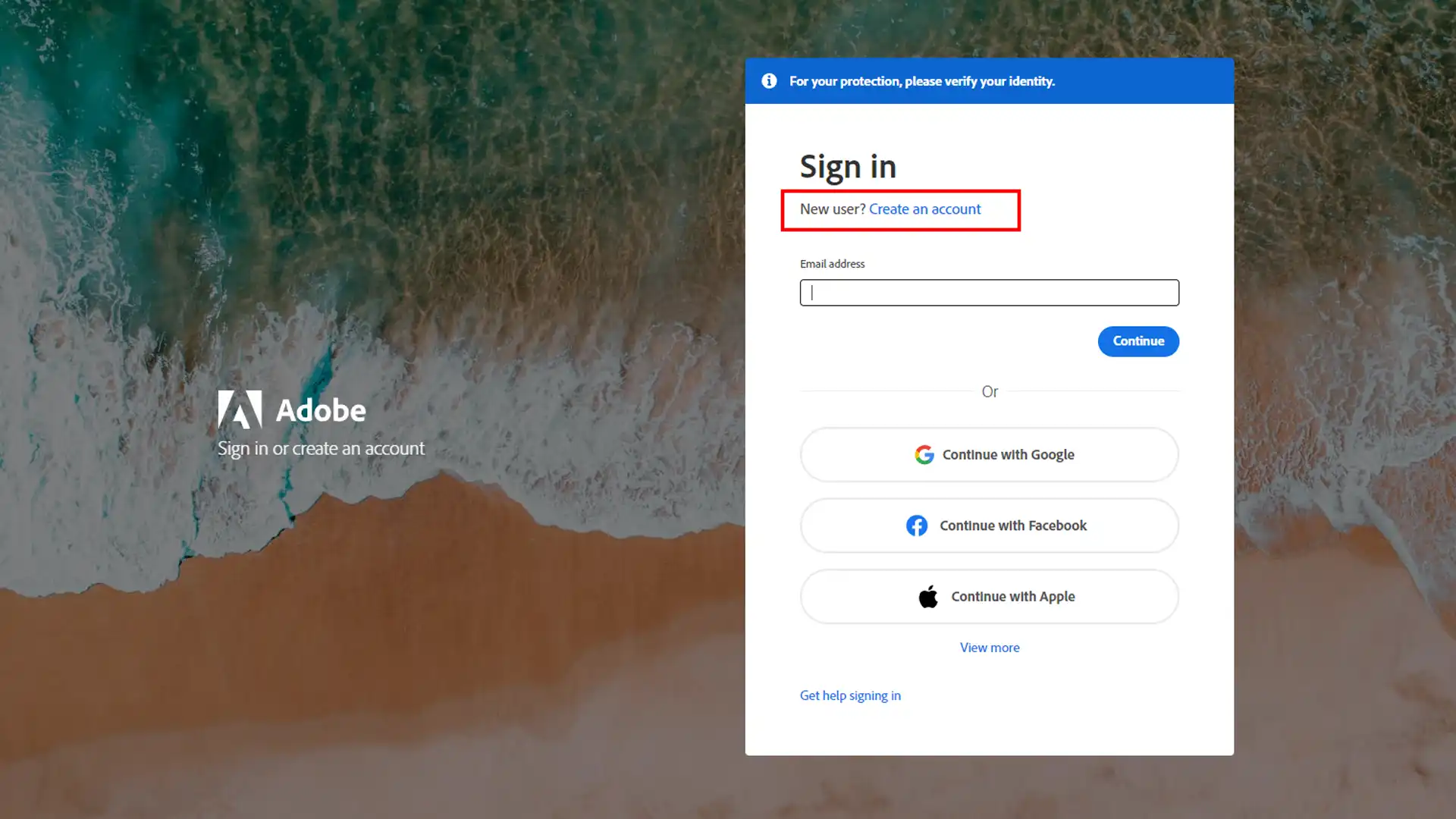 Adobe account creation page with options to sign in or create a new account.