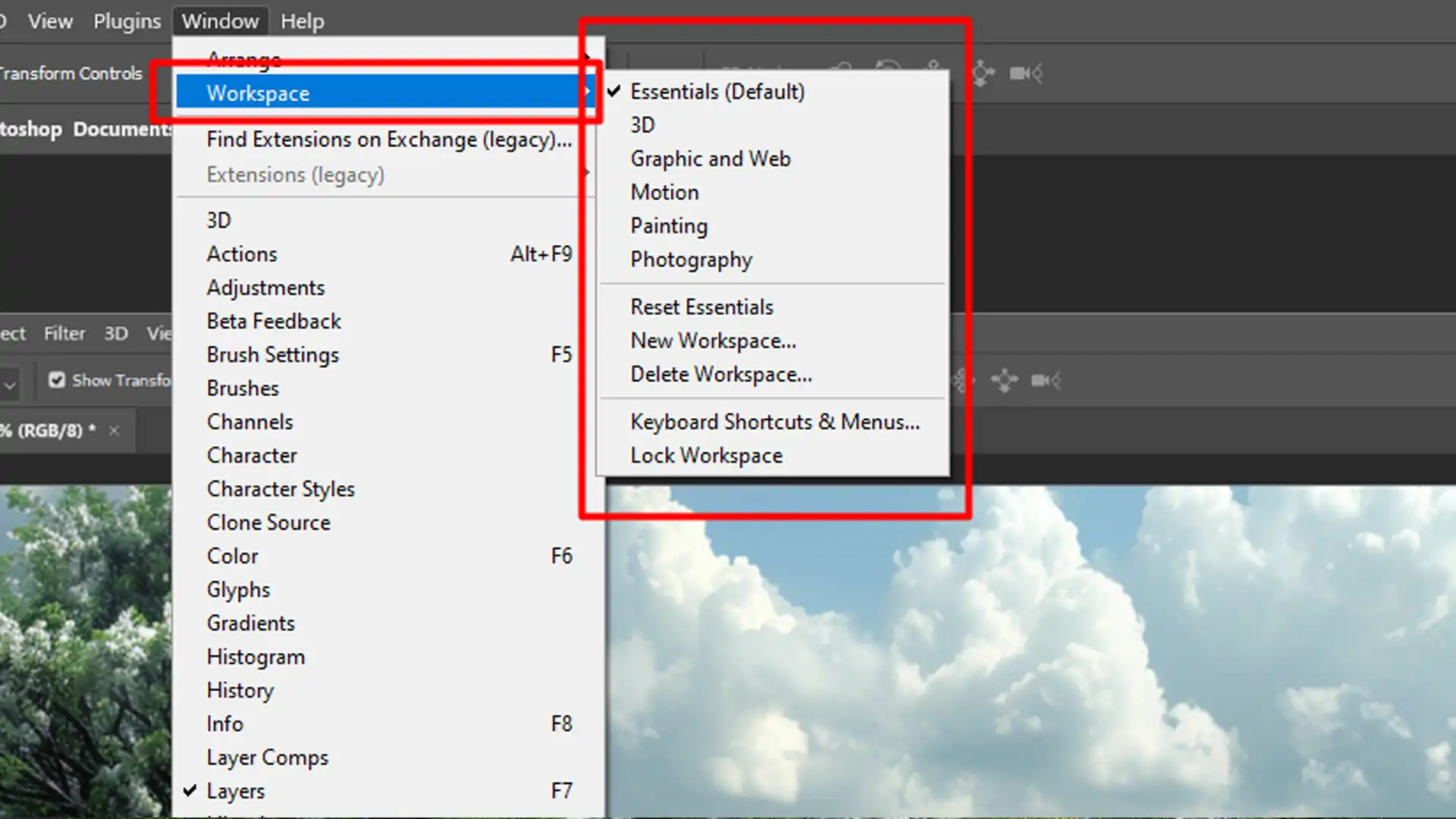 Photoshop Workspace Menu showing options for customizing workspaces, including New Workspace, Delete Workspace, and Reset Essentials