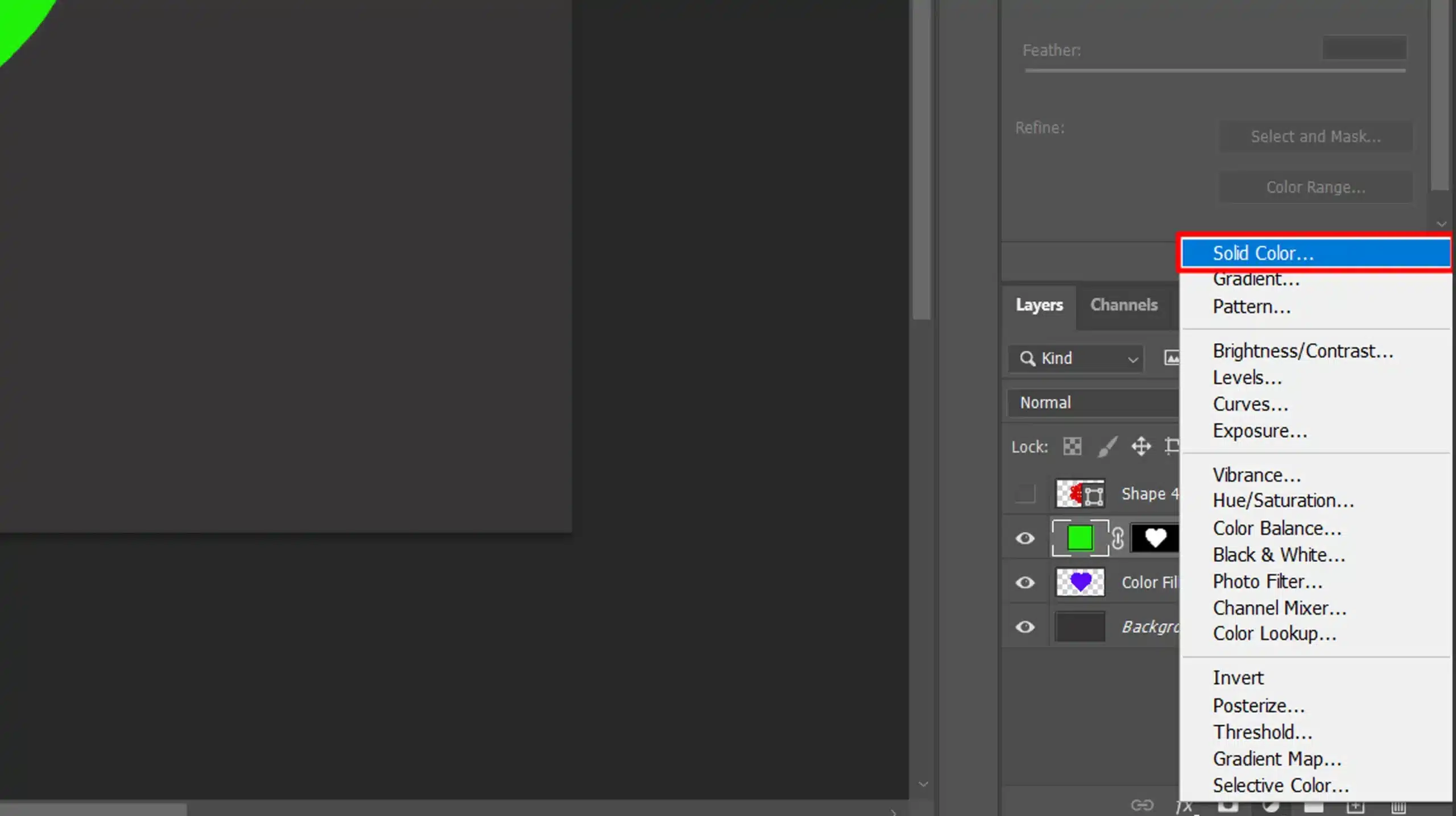 Photoshop interface demonstrating how to customize the color of a heart shape