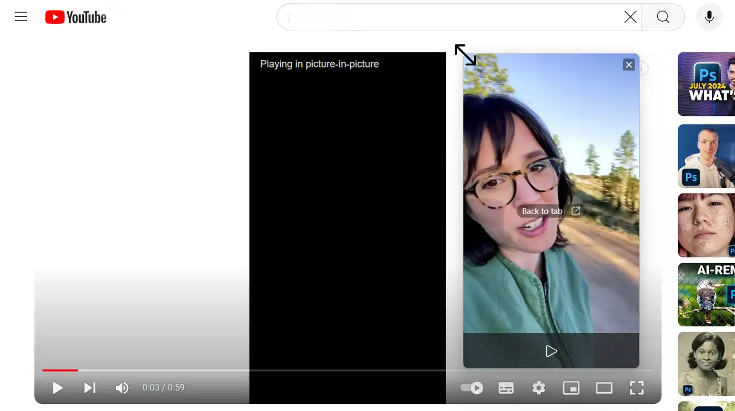 Minimized YouTube video in Picture-in-Picture mode with resize option highlighted
