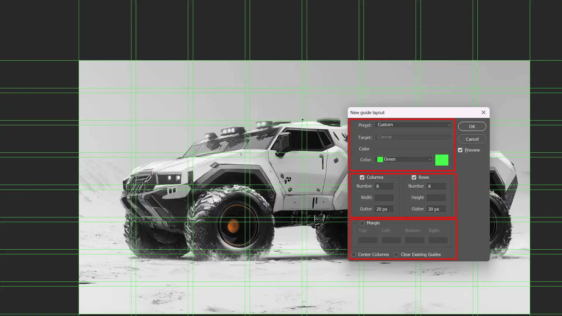 A Photoshop screenshot showing the guide layout customization dialog box over a white vehicle image, with green grid lines visible.