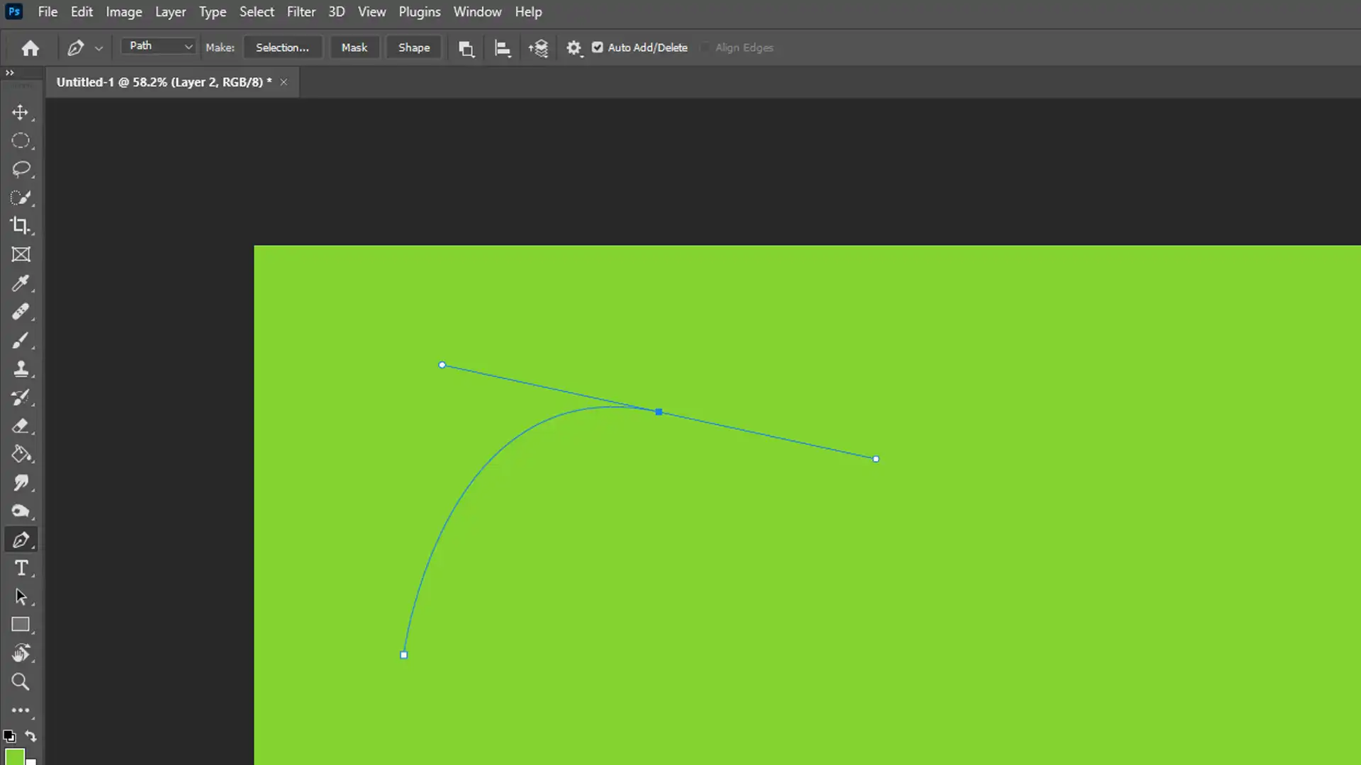 Screenshot showing a curved line being drawn on a green canvas in Photoshop using the Pen Tool.