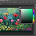 Adobe photo editing software interface showing a colorful flower image being edited, demonstrating features for Adobe Photoshop tutorials.