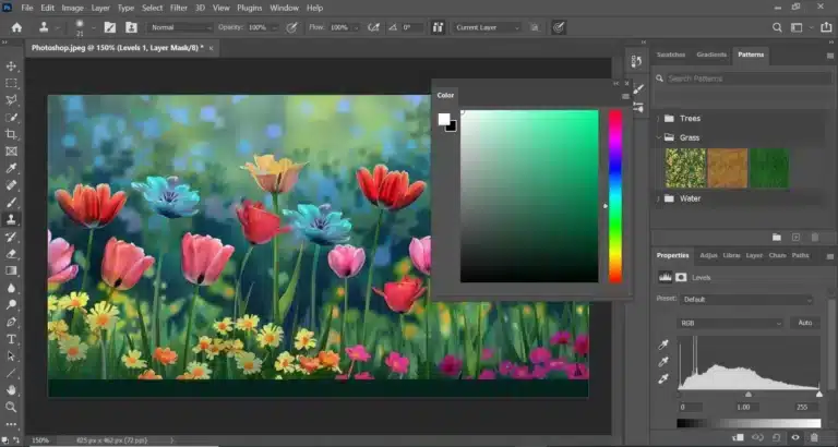 Adobe photo editing software interface showing a colorful flower image being edited, demonstrating features for Adobe Photoshop tutorials.