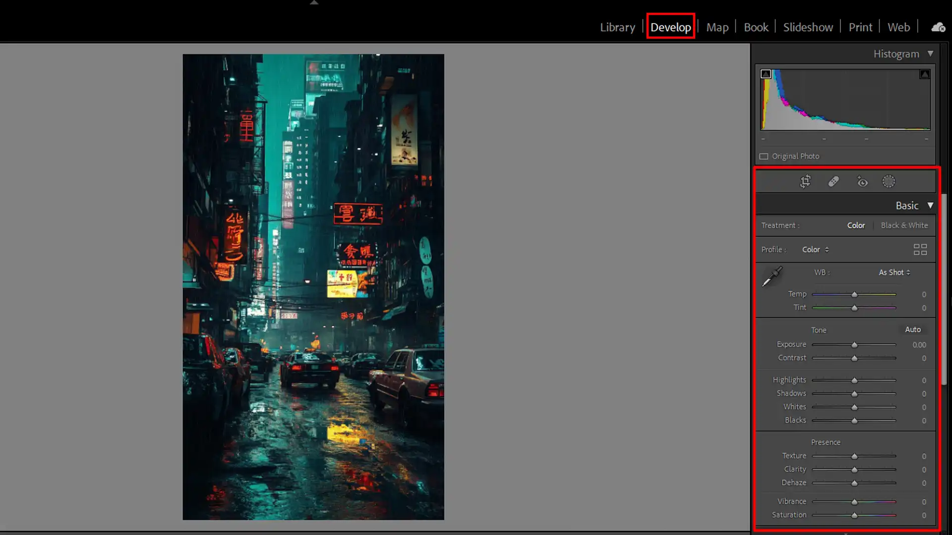 LR editing panel showing exposure and contrast sliders with a cityscape photo in view.