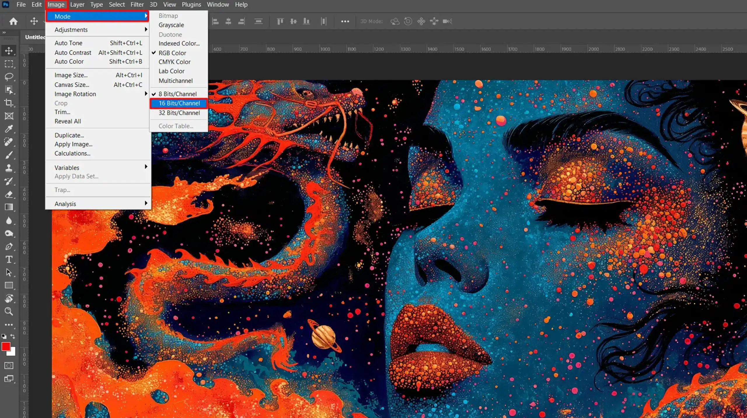 A Photoshop workspace showing the 'Mode' menu with the '16 Bits/Channel' option highlighted, alongside vibrant, colorful artwork.