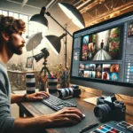 A photographer editing multiple images on a large desktop monitor using Adobe Photoshop in a professional studio environment, surrounded by camera equipment and lighting setups.