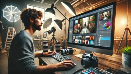 A photographer editing multiple images on a large desktop monitor using Adobe Photoshop in a professional studio environment, surrounded by camera equipment and lighting setups.