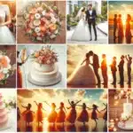 Lightroom collage featuring wedding moments with brides, grooms, bouquets, cakes, and sunset silhouettes of bridesmaids.