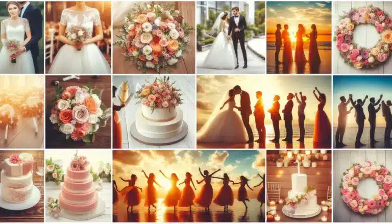 Lightroom collage featuring wedding moments with brides, grooms, bouquets, cakes, and sunset silhouettes of bridesmaids.