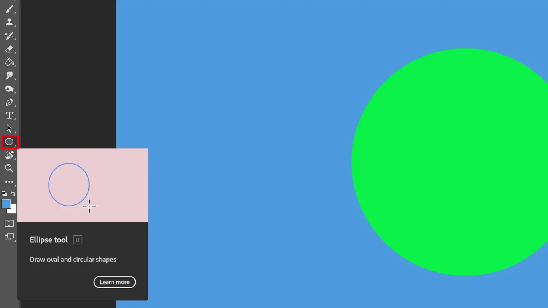 Photoshop toolbar highlighting the Ellipse Tool with a green circle on a blue background