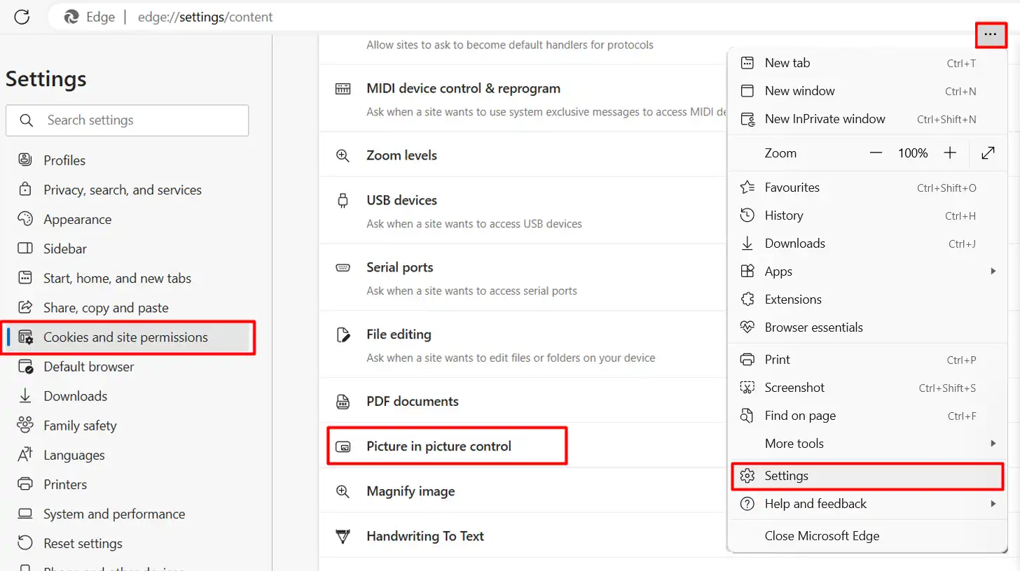 Browser settings with 'Cookies and site permissions' selected