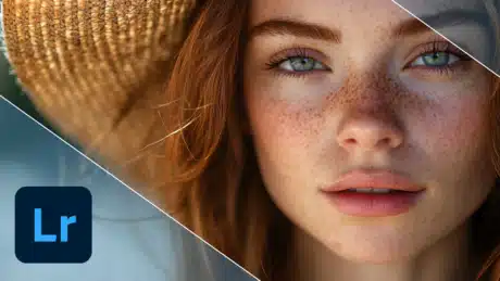 Close-up portrait of a red-haired woman with freckles, highlighting the use of Lightroom Classic for enhancing skin texture and tone.