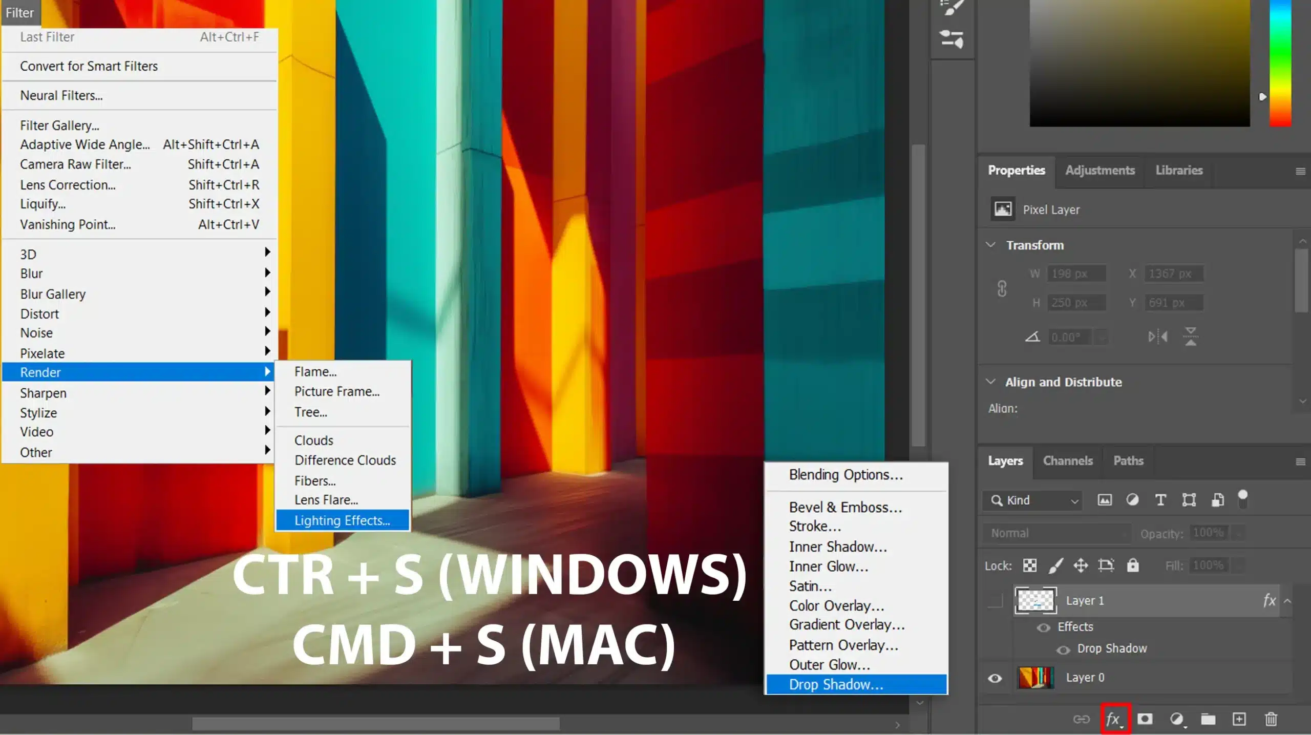 Applying Drop Shadow and Lighting Effects in Photoshop using Vintage filmstrip collage