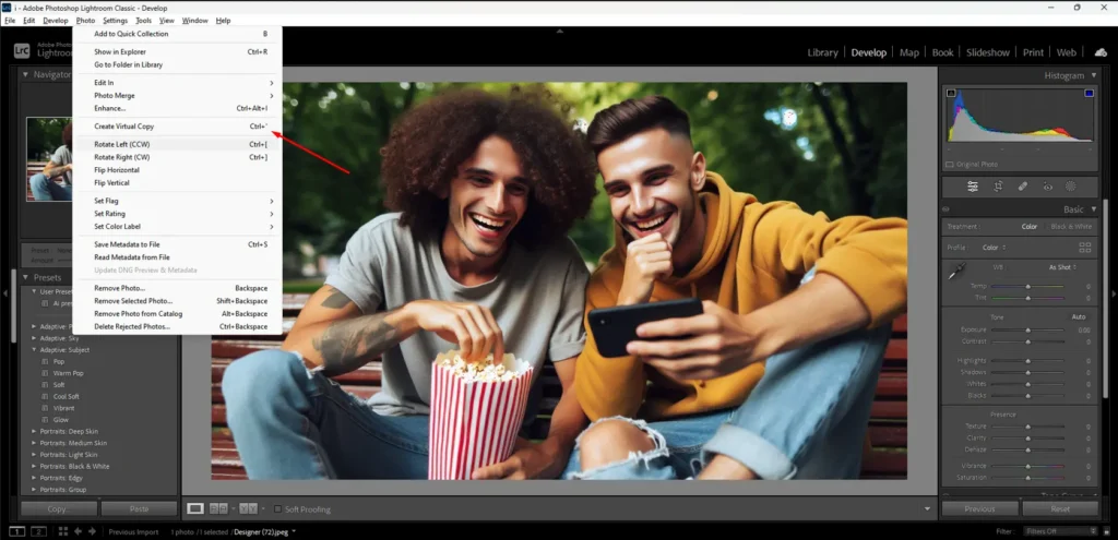 It is showing the creation of a virtual copy of a photo featuring two friends enjoying popcorn.