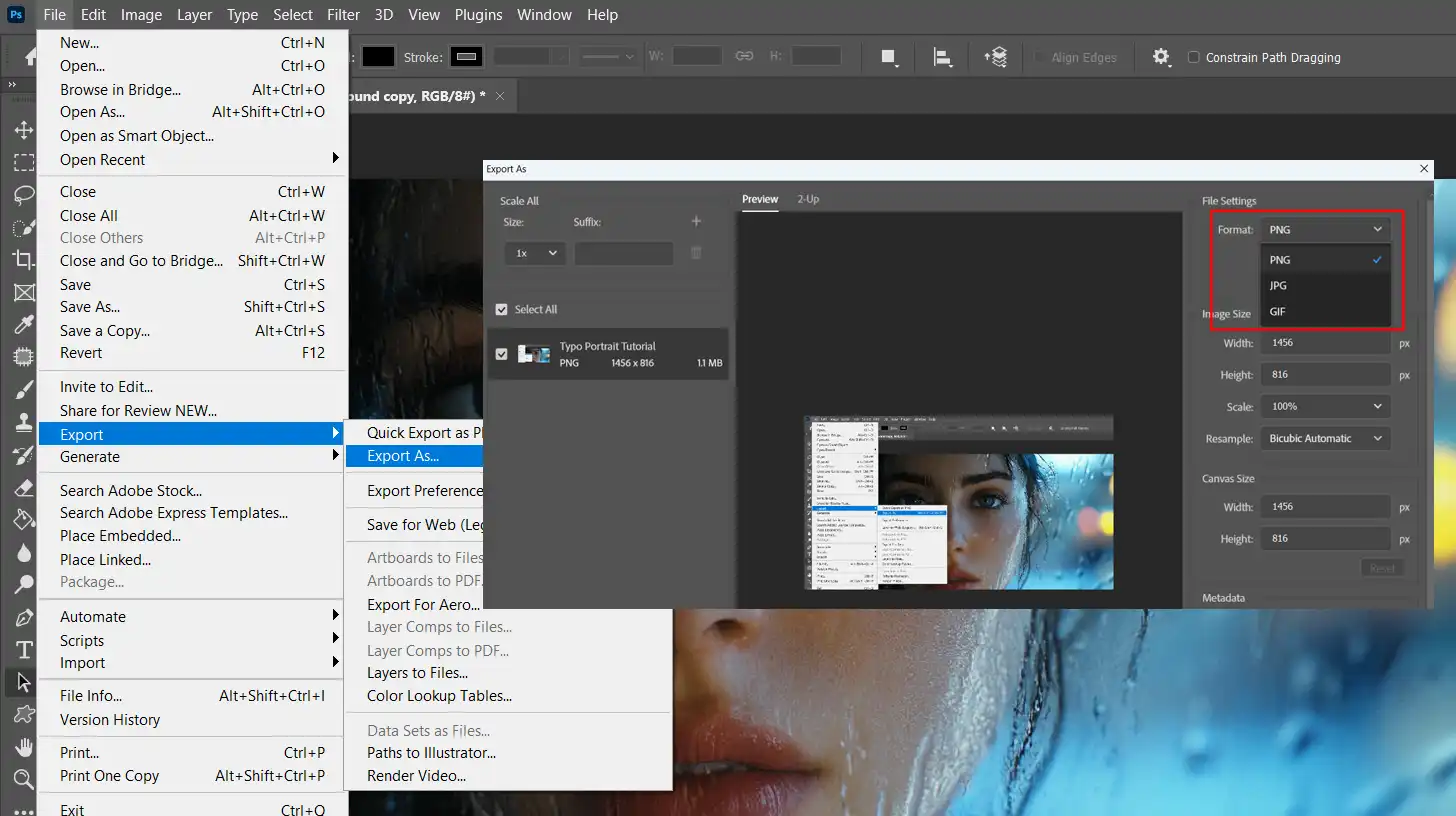 A screenshot of the "Export As" menu in Photoshop, showing options for exporting images as PNG, JPG, or GIF after completing a typography portrait guide