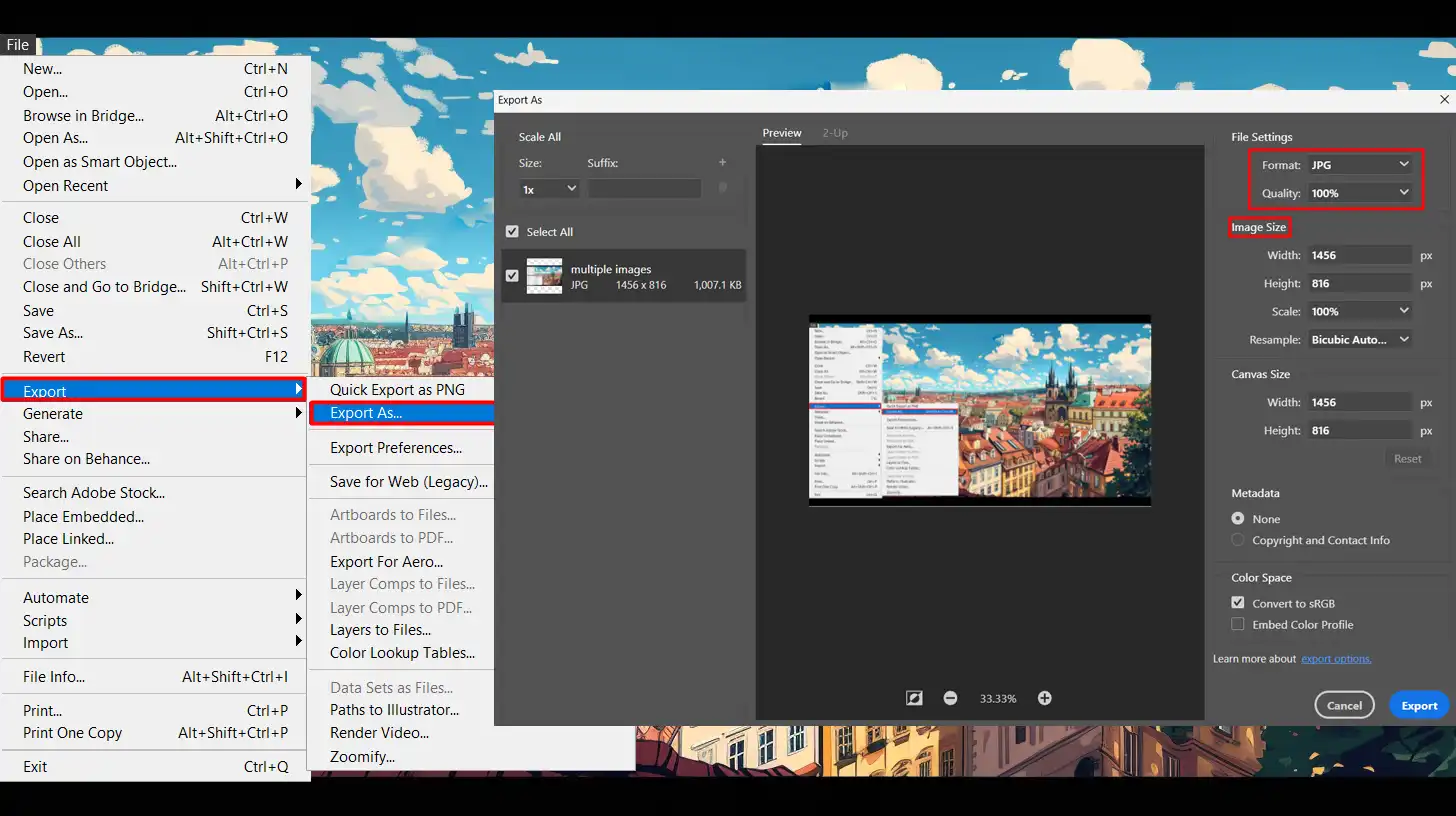 A screenshot of the "Export As" dialog box in Photoshop, showing options for selecting image formats, quality, and resolution