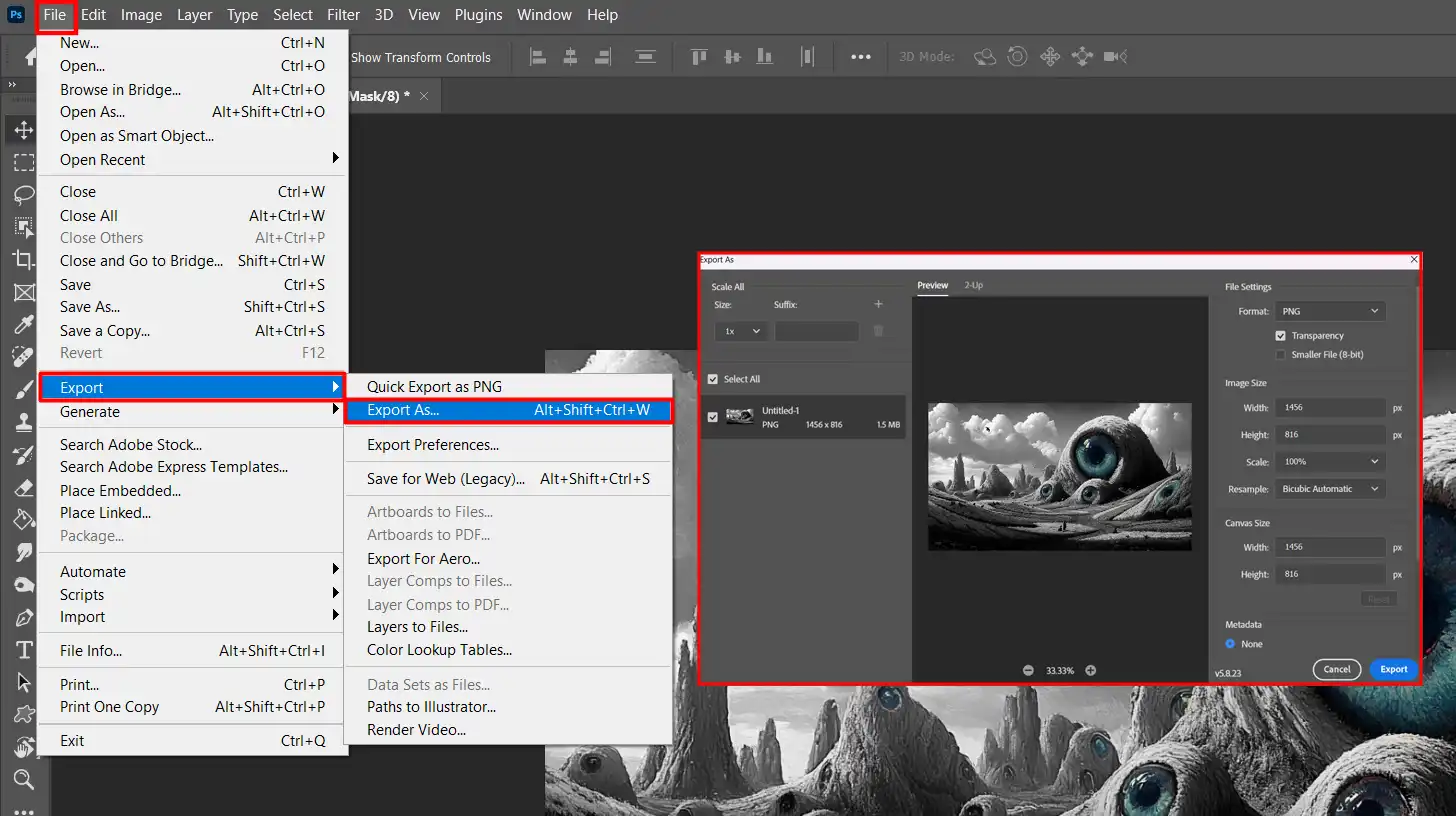 Photoshop export options showing settings for saving images for web or print.