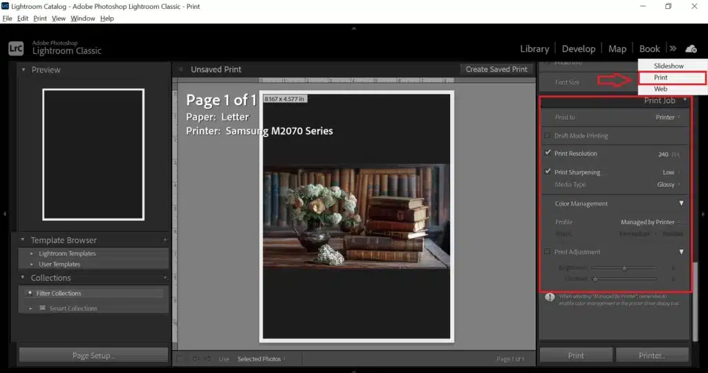 FAQ About How to Make a Photo Grid in Lightroom. Adobe Lightroom Classic interface showing the print module with a photo of a vase of flowers and books. Print settings are highlighted on the right panel depicting Lightroom Photo Grid.