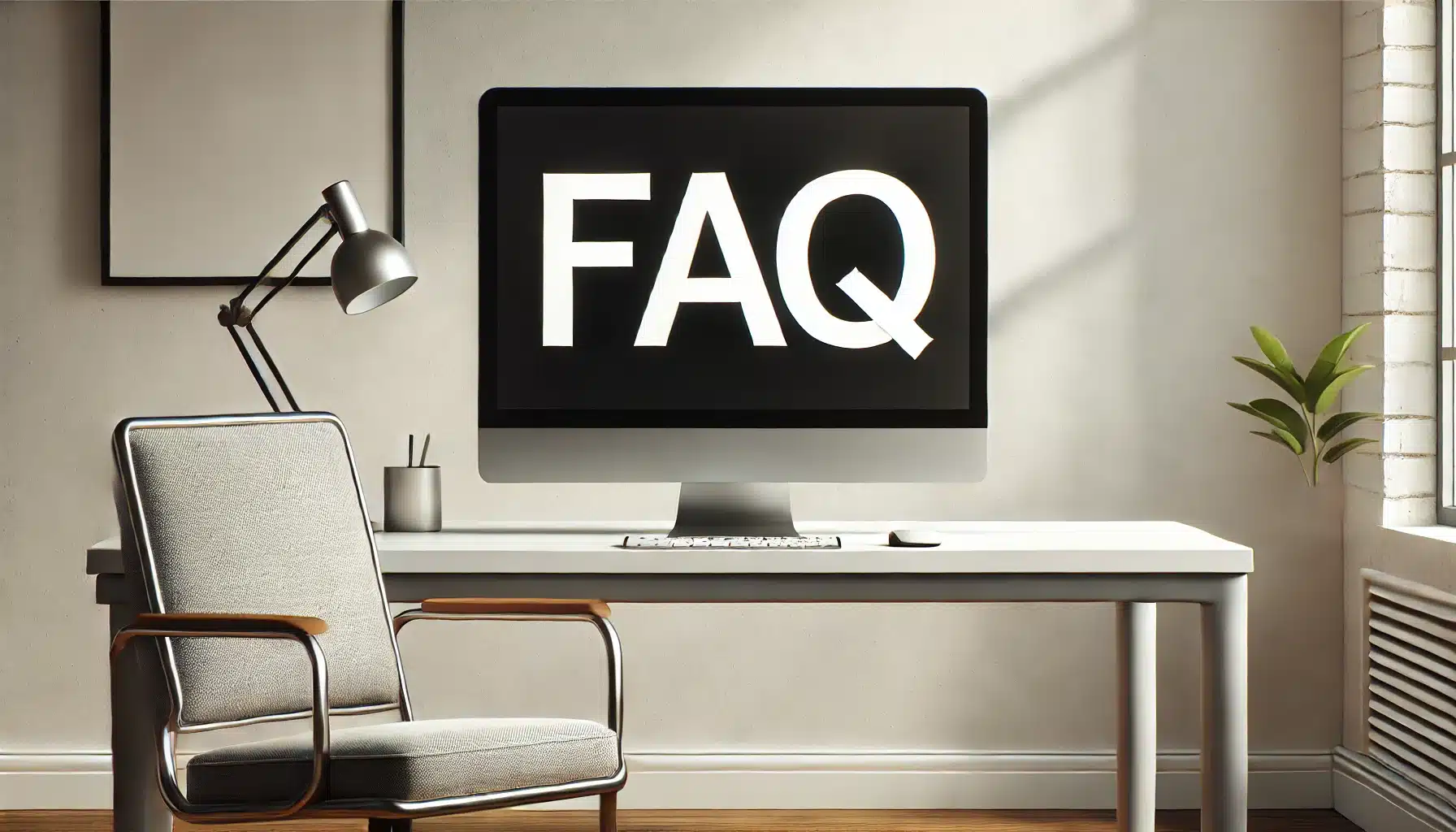 A modern PC setup on a sleek, minimalist desk, with the computer screen displaying the word "FAQ" in large, bold letters