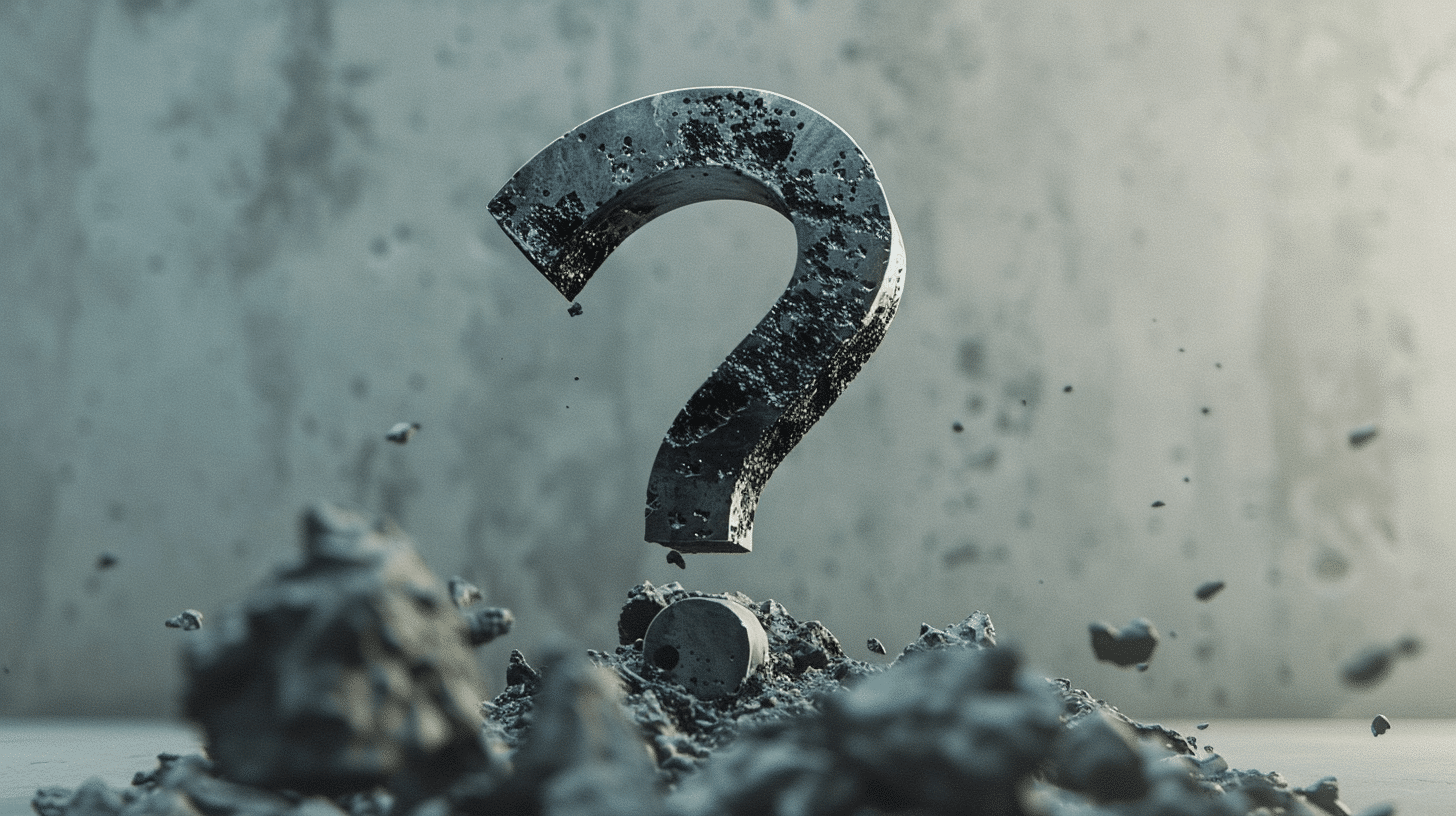 A large, weathered question mark hovering above scattered debris, symbolizing inquiry and curiosity in a mysterious and industrial setting