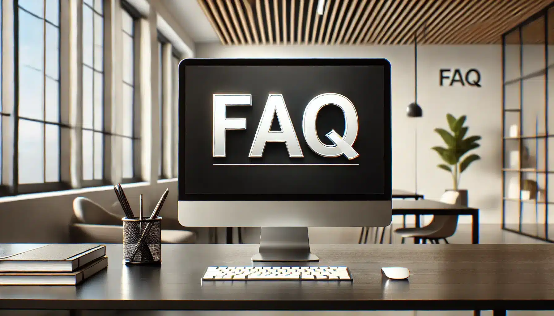 A computer monitor on a desk displaying the letters “FAQ” in a large, bold font against a black background. The desk is situated in a modern office space with decorative elements and furniture.