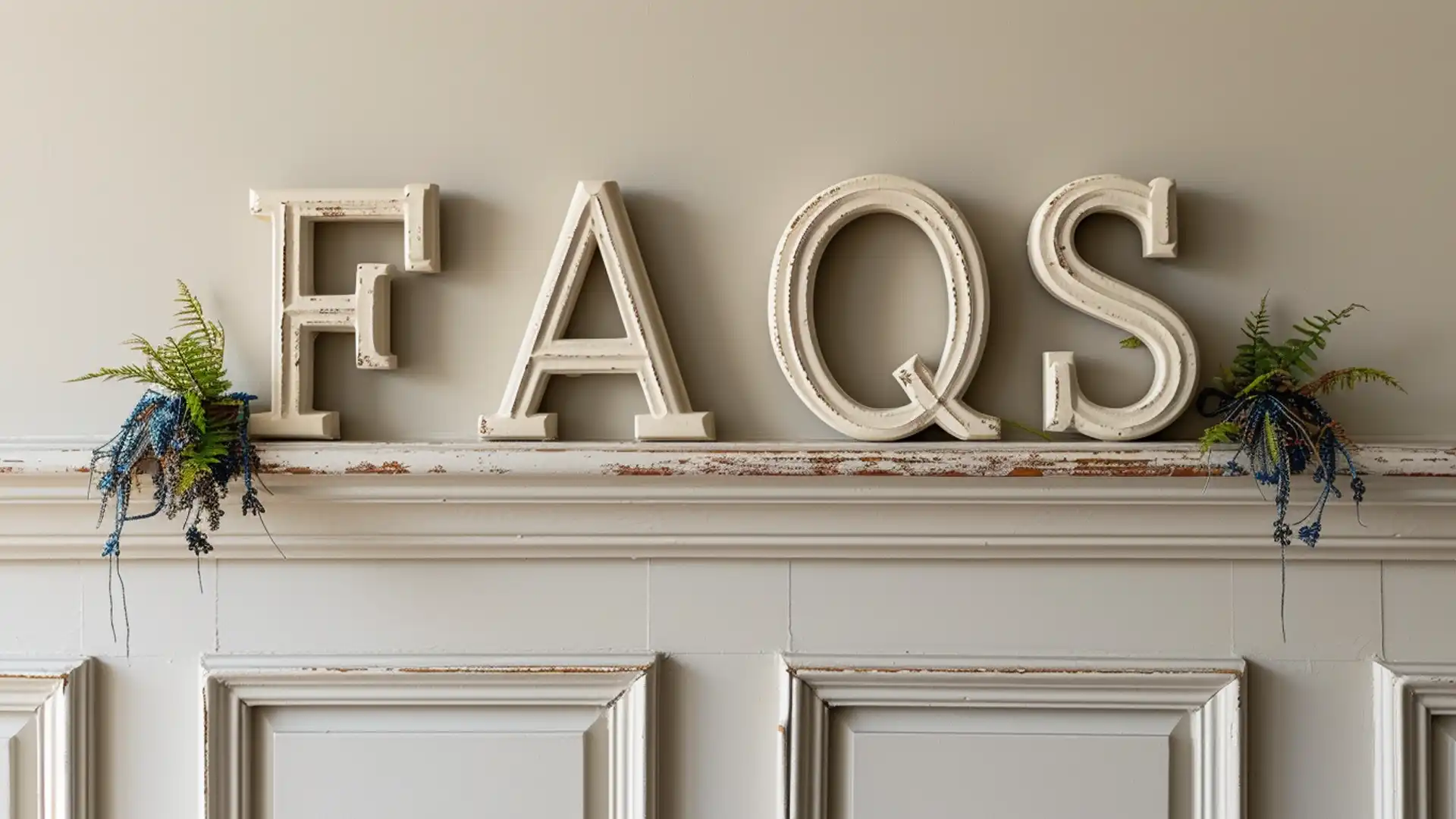 Large white letters spelling “FAQS” are displayed on a shelf above decorative wall paneling. Flanking the letters, two potted ferns add a touch of greenery.