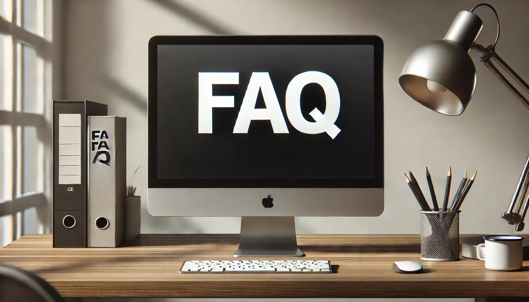 A modern PC on a desk with a clean and simple office background. The screen displays the word 'FAQ' in large, bold letters