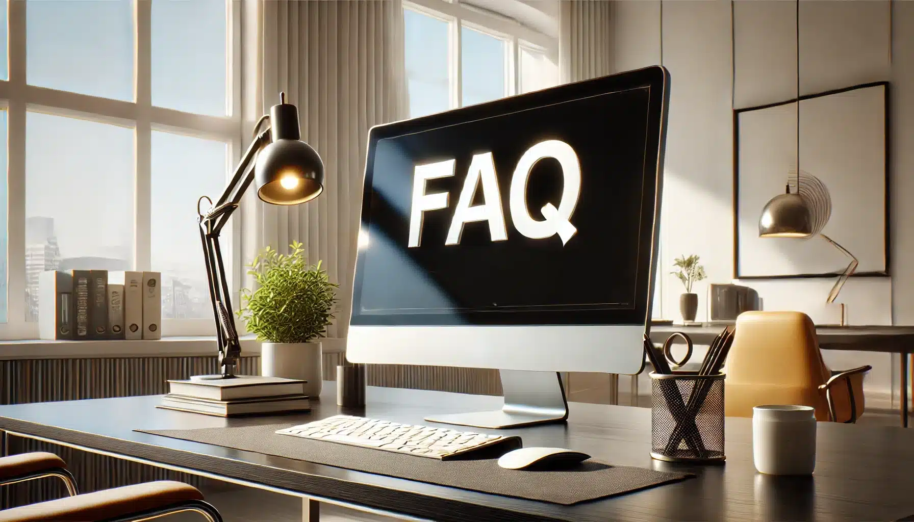 A clean and professional office setting with a sleek computer monitor displaying the word "FAQ" in large, bold letters. The scene includes a modern desk, potted plant, stylish lamp, and stationery, captured in a wide-angle perspective with sharp focus