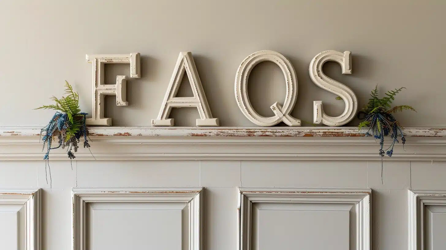 Large white letters spelling “FAQS” are placed on a shelf above decorative wall paneling. Two small potted plants with overhanging greenery flank the letters