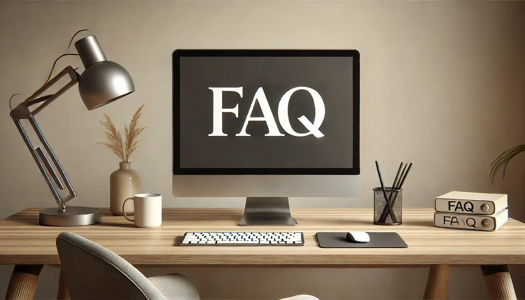 A modern desktop computer setup with a clean, minimalist design. The monitor displays the word "FAQ" in large, bold letters. The desk is organized with a keyboard and mouse, and the background includes a small plant and a coffee cup