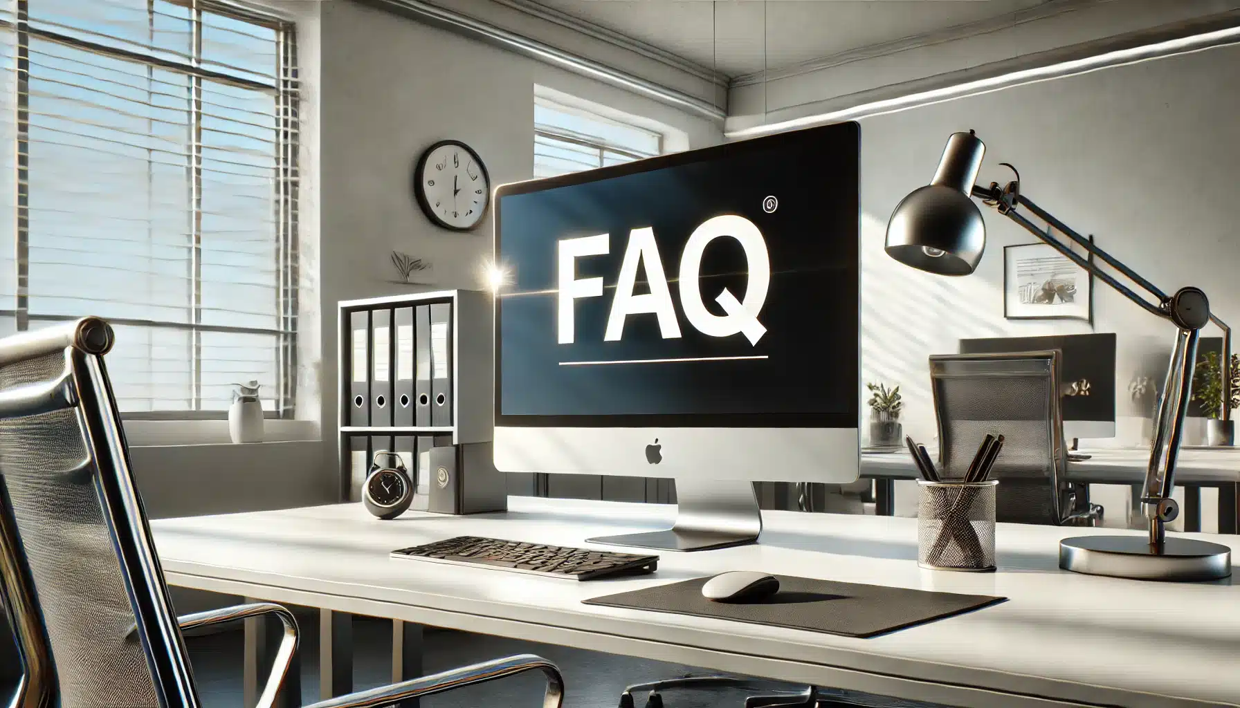 A professional office setup with a modern computer displaying 'FAQ' on the screen, featuring a clean and minimalist design