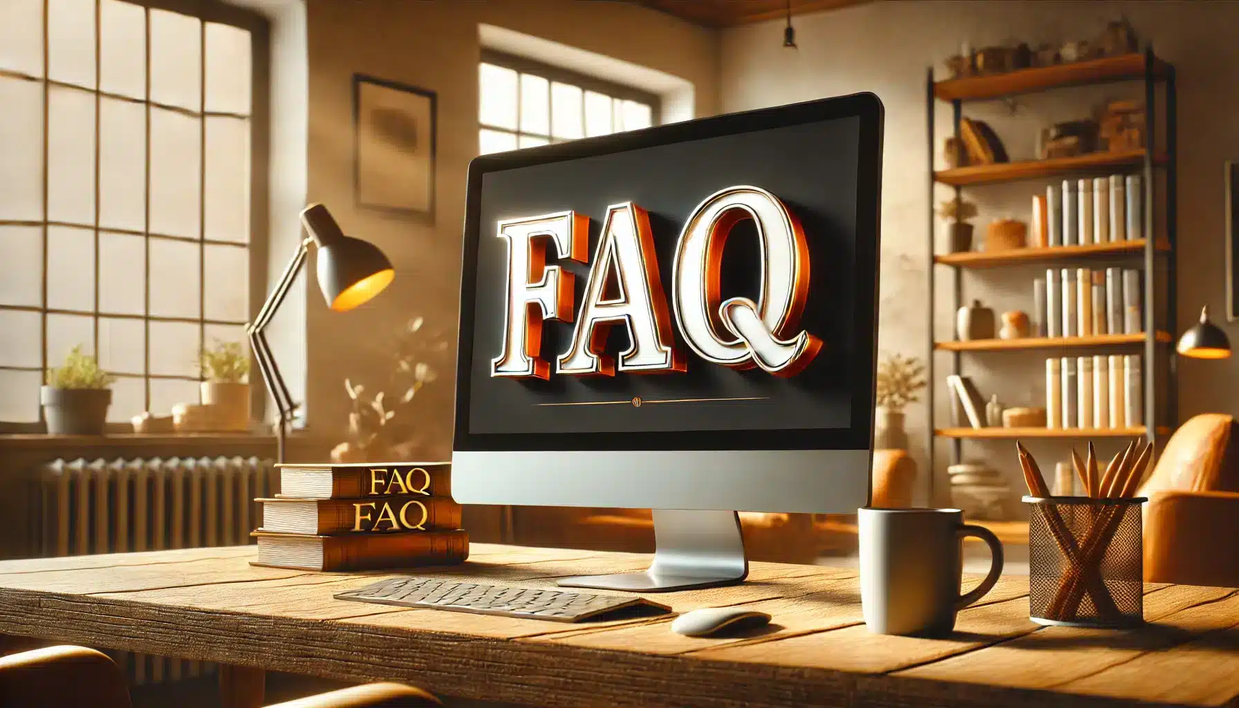 A PC screen displaying the letters 'FAQ' in large, bold text, set in a cozy home office with warm lighting, a wooden desk, a coffee mug, and books.