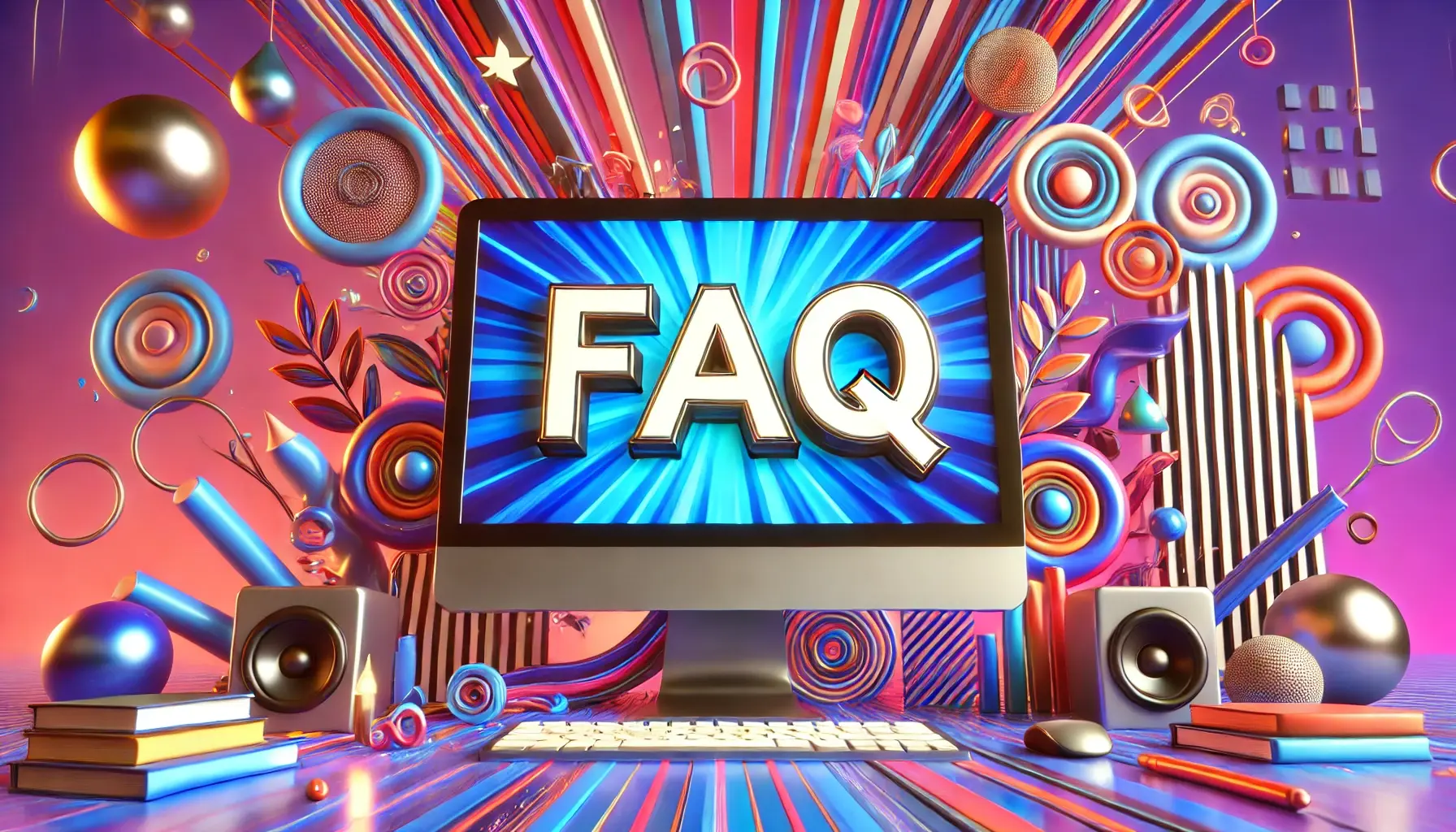 A computer screen with the word "FAQ" displayed in large, bold letters, set against a vibrant, artistic background.