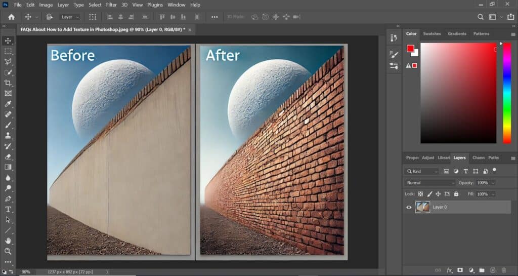 Photoshop interface demonstrating a before and after comparison of How to Add Texture in Photoshop with a smooth wall on the left and a brick textured wall on the right.