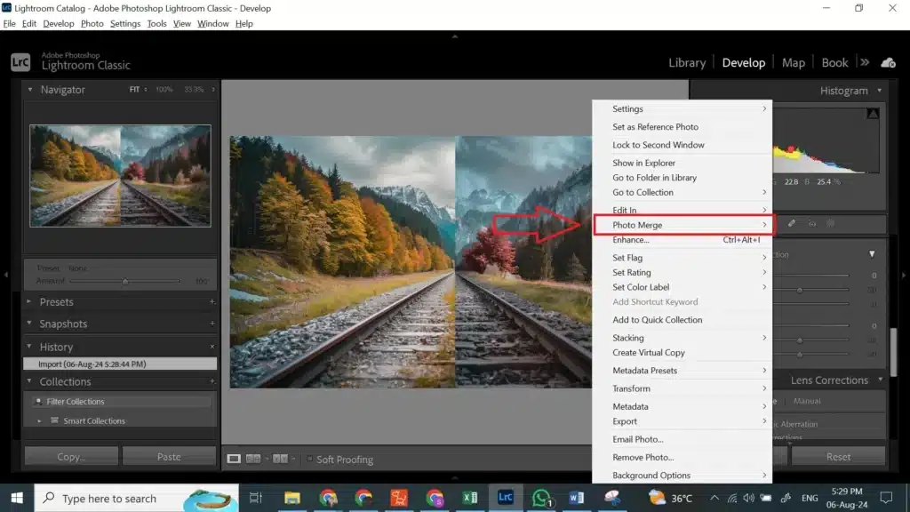 Screenshot of Adobe Photoshop Lightroom Classic interface showing the process of merging photos, highlighting the "Photo Merge" option. The image features a landscape scene with a "before and after" comparison of merged photos, addressing common questions about Lightroom merge photos.