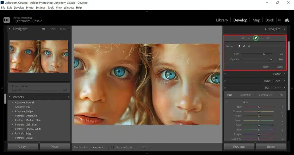 How to Use Healing Brush in Lightroom. Adobe Lightroom interface displaying a close-up photo of two children with blue eyes. The Healing Brush tool settings are highlighted on the right panel.